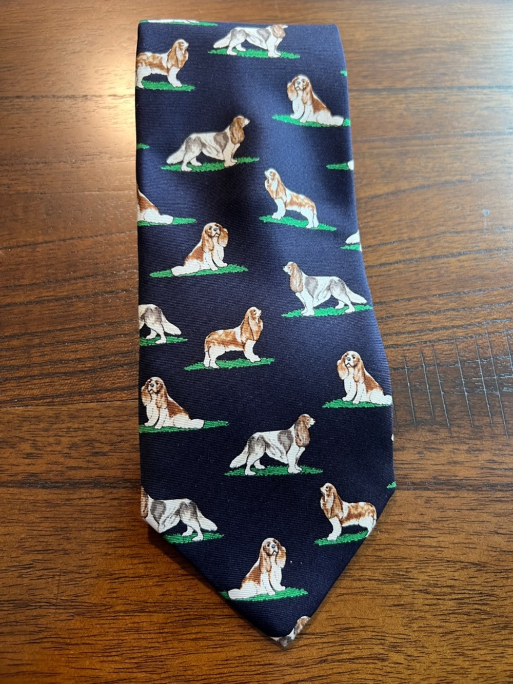 Vintage Navy Silk Necktie with Cavalier King Charles Spaniel Motif